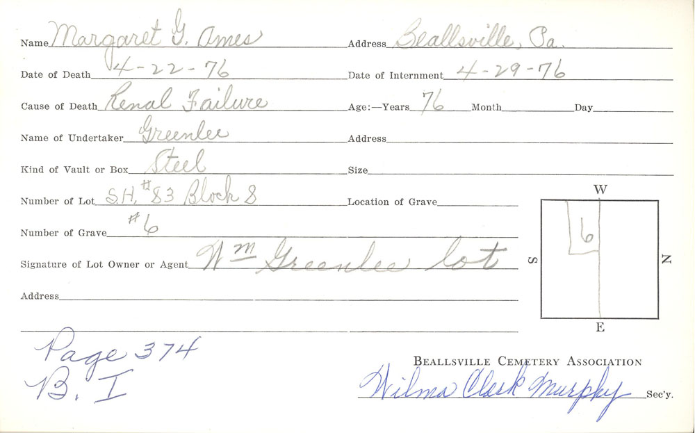 Margaret G. Ames burial card